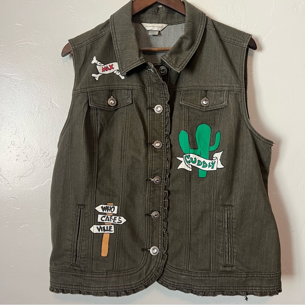 Christopher & Banks upcycled denim vest “How Grinch Stole Christmas” Size XL